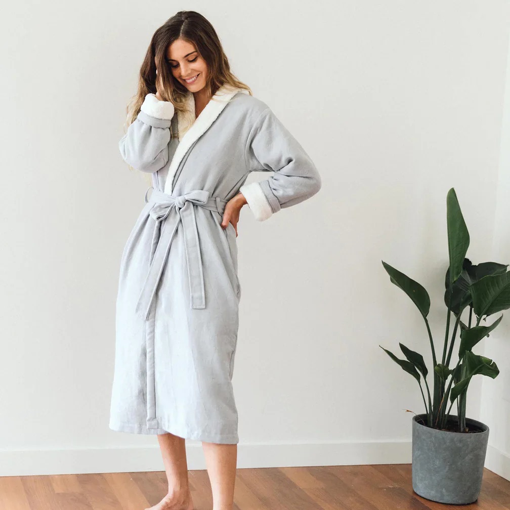 Tofino Towel Size S/M Cozy Soft Fleece-Lined Nordic Robe - Grey/Cream